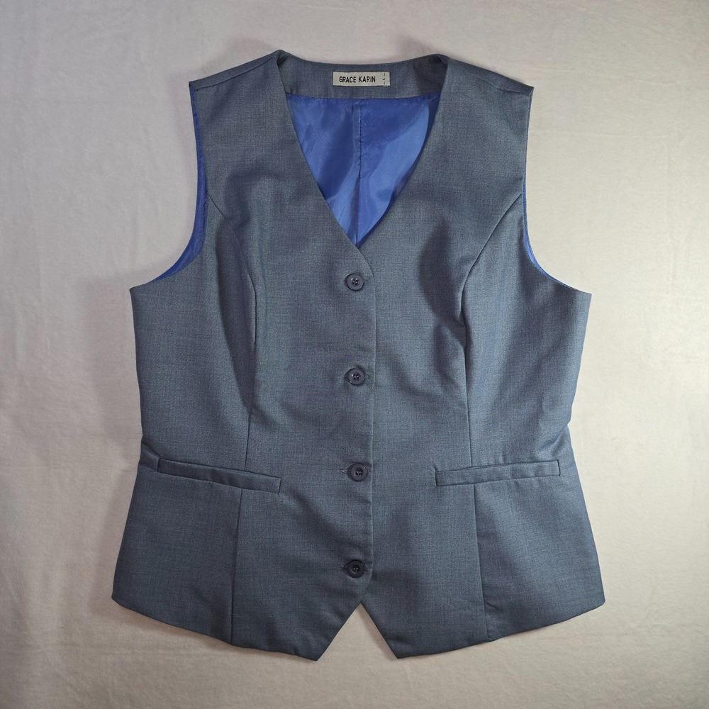 Grace Karin tailored women's vest. Grey with blue lining. Size Large